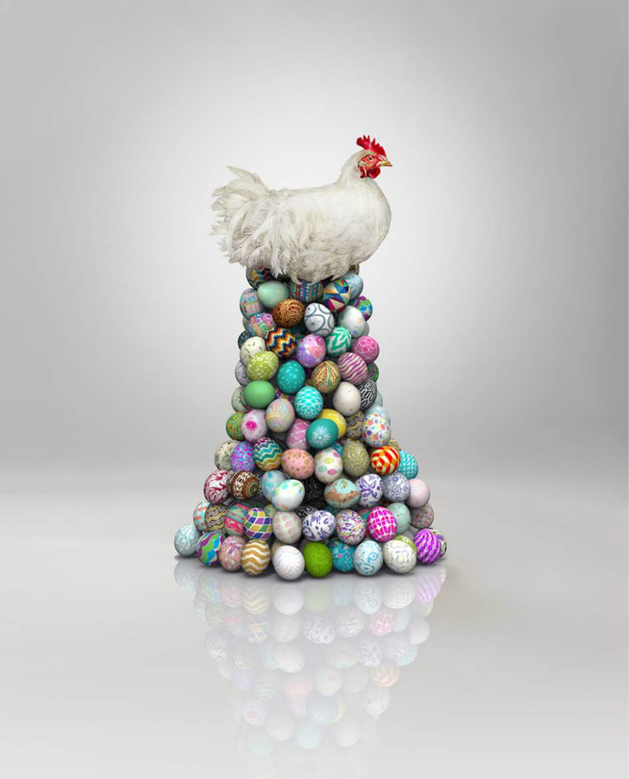 Chicken sitting on Easter eggs 